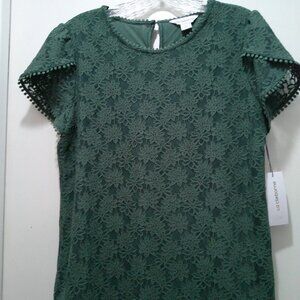 NWT Liz Claiborne Forest Green Lace Blouse Short Sleeve Tulip Sleeves Size M